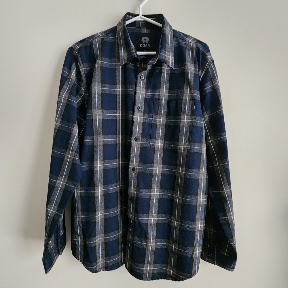 DJAB Simons Plaid Shirt Mens‎ Large Blue Check Button Up Long Sleeve Flannel